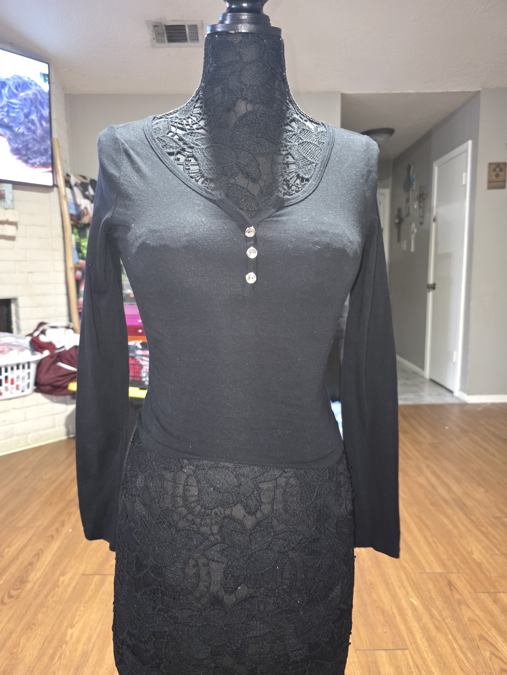 Women's Black Long-Sleeve Lace-Trim Henley Top